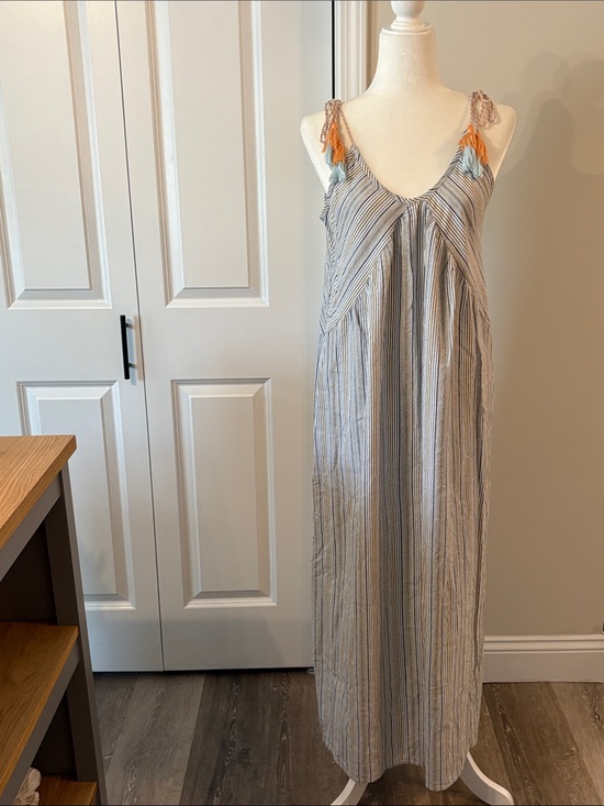 Altar'd State Dresses & Skirts - Altr’d State Striped Maxi SunDress w Tassel Shoulder Ties - Blue, White & Brown